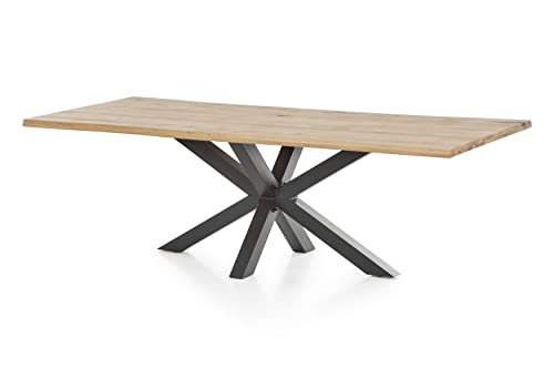 WOODLIVE DESIGN BY NATURE Massivholztisch Brian, 240 x 100 cm Tisch aus Wildeiche, massiver Esstisch mit Baumkante und Stern-Tischgestell aus Stahl, hochwertiger Esszimmertisch