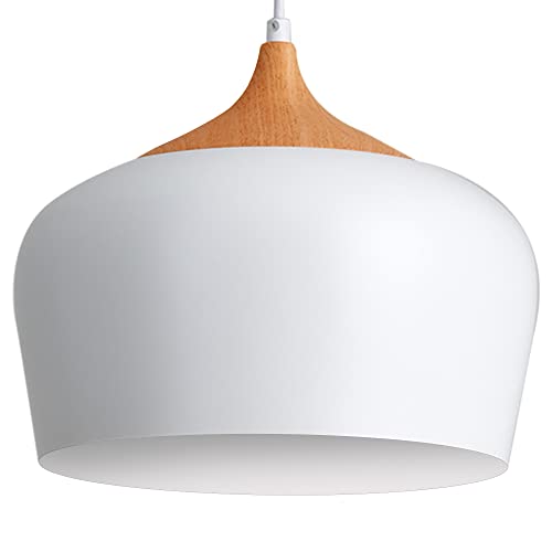 KARMIQI Pendelleuchte Weiß mit Holzelement Esszimmer Lampe Hängend Hängelampe Schlafzimmer E27 Höhenverstellbar Küchenlampe Hängend Skandinavischen Modern Hängelampe für Esstisch Wohnzimmer